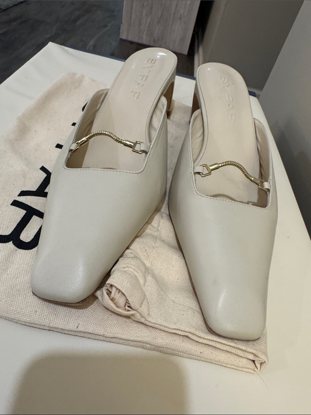 BY FAR Ivory Pointed-Toe Leather Kitten Heel Mules - Picture 4 of 5
